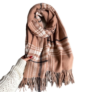 Classic plaid checkered winter scarf with tassels in soft earth tones and white lines