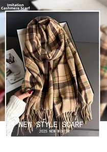 Detail of soft plaid cashmere-feel scarf with elegant fringes in coffee and beige
