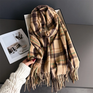 Classic vintage plaid warm autumn winter scarf with tassels and fringe in dark brown