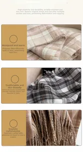 Macro detail of plaid scarf fabric texture and delicate fringe trim craftsmanship