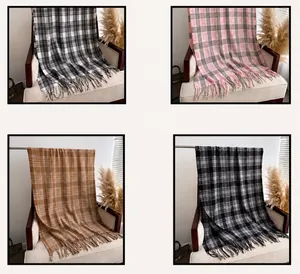 Collage of four stylish checkered scarves with fringe detail in soft fabric textures