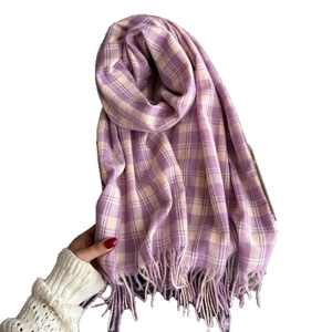 Écharpe à carreaux violets et beige à franges en matière synthétique douce style cachemire