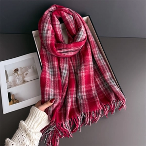 Classic red and white plaid tassel scarf in thick faux cashmere for winter warmth