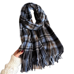 Classic blue and black plaid scarf with long tassels and soft cashmere feel texture