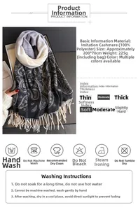 Detailed size and material specs for a black and grey paisley cashmere-feel scarf