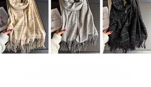 Detailed comparison of beige, grey, and black plaid scarves with soft fringe tassels