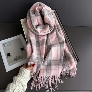 Pink and grey British plaid scarf with tassels, thick warm cashmere-feel pashmina for winter