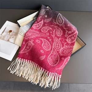Detail of red and pink paisley scarf showing soft texture and fine white tassel fringe