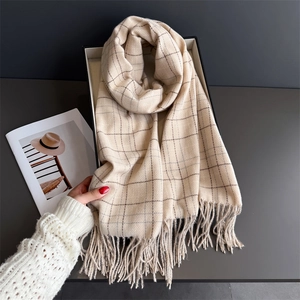 Classic cream plaid scarf with fringe tassels for winter warmth and elegant styling