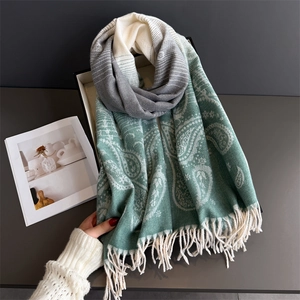 Three-tone gradient paisley scarf in cream grey and green with tassels for winter fashion