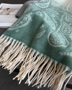 Detail of mint green paisley pattern pashmina with white fringe and soft texture