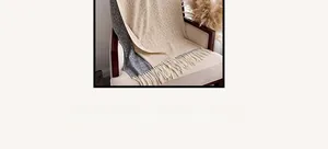 Detailed view of beige knit shawl with long tassels and soft cashmere-like texture