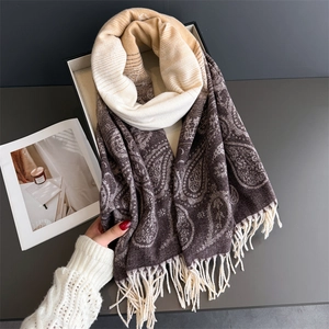 Brown and beige paisley cashmere shawl with tassels, luxurious autumn winter scarf