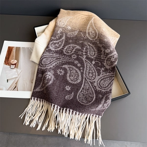 Detail view of paisley pattern cashmere-like scarf with gradient colors and fringe edges
