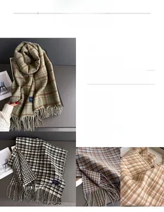 Detail showing various plaid patterns and soft fringe edges of 2025 winter scarves