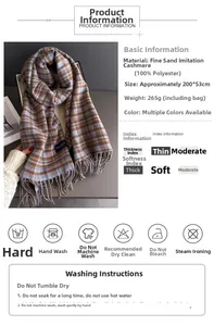 Detail chart of blue and brown plaid scarf with tassels showing 200x53cm size and fabric info