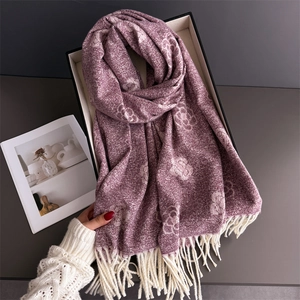 Elegant purple camellia floral pashmina shawl scarf with stylish white fringe tassels