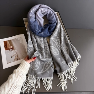 Gradient paisley cashmere scarf with tassels in deep blue and purple hues