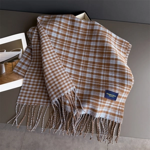 Detailed close-up of classic checkered scarf texture with fringe edge and brand woven label