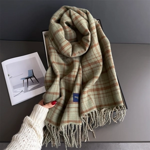 Plaid green cashmere-like shawl with fringe tassels and elegant woven label scarf