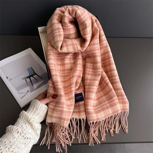 Pink and beige plaid cashmere scarf with soft fringes for autumn and winter warmth