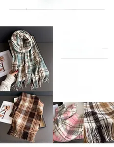 Detailed view of British plaid scarf texture with hand-twisted tassels and soft fabric
