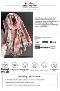 Detail of pink plaid tassel scarf showing specifications and washing instructions