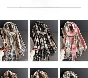 Detailed color display of soft plaid scarves with fringe tassel edges for autumn