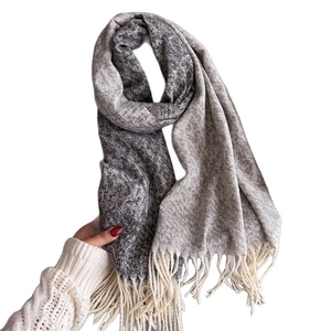 Gray color-block cashmere-feel scarf with elegant tassels and warm knitted texture