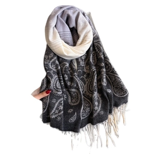 Fashionable paisley pattern cashmere feel scarf with fringe tassel and gradient stripes