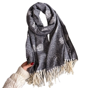 Luxurious grey cashmere-feel shawl with white camellia pattern and fringe tassels