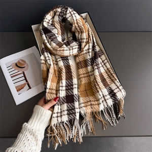 Plaid tassel scarf in beige and brown cashmere feel fabric for autumn and winter
