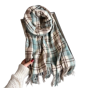 Classic plaid tassel scarf in blue and brown cashmere-feel fabric for winter warmth