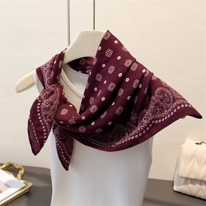 Vintage burgundy square scarf with white ethnic paisley pattern, soft cotton feel