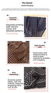 Detailed macro view of herringbone weave texture and polka dot print on the square scarf