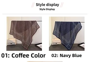 Close-up of lightweight coffee and navy blue polka dot square scarves with fine stitching