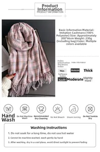 Détails de l'écharpe à carreaux rose-gris avec spécifications du matériau 100% polyester