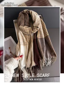 Close-up of color-block plaid scarf with fringe detail in a luxury gift box