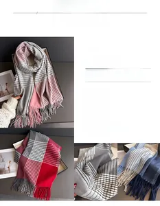 Detailed view of color-block plaid scarf with fine fringe tassels and soft knit texture