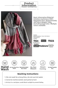 Detail view of plaid scarf specifications with material info and washing instructions