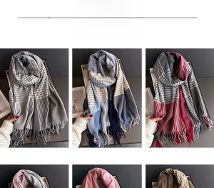 Detail showing various color options of plaid scarves with tassels in a grid layout