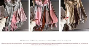 Detail view of plaid cashmere scarf in three color combinations with soft tassels