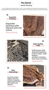 Detailed view of herringbone weave texture and leopard print on silk-like scarf fabric