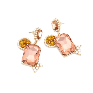 Chandelier earrings with pink crystal rectangle and baroque pearls on gold plating