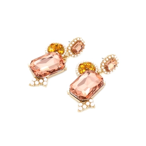 Luxurious geometric crystal earrings with champagne pink stones and baroque pearls