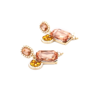 Baroque geometric crystal earrings with champagne stones and pearls on gold setting