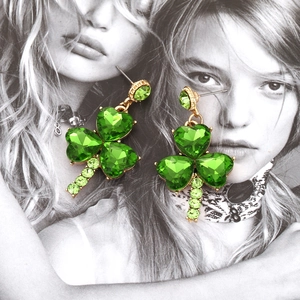 Luxe clover earrings featuring green heart-shaped crystals in a gold-plated setting