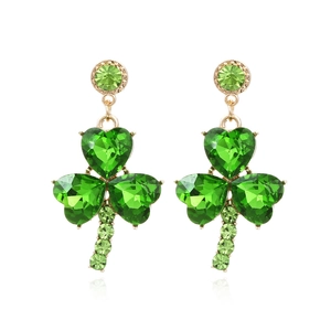 Elegant Shamrock Clover Drop Earrings With Green Heart Shaped Crystal Rhinestone Shiny Luxury Jewelry For Women Gift