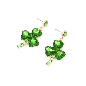 Luxurious green clover earrings featuring heart-shaped crystals and gold-tone plating