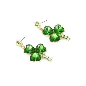 Elegant clover heart drop earrings with green crystals and gold-plated finish